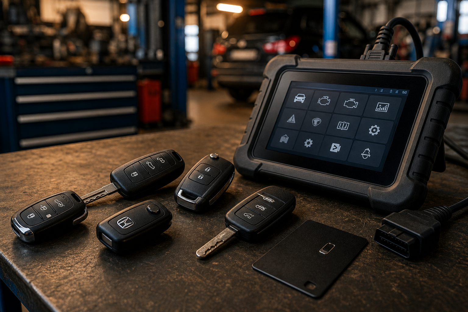 Máquina de diagnóstico e várias chaves automóvel